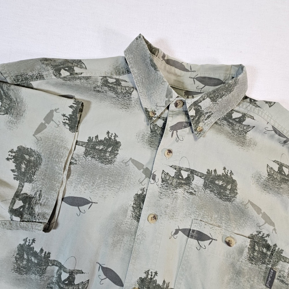 Woolrich Shirt Mens Large Green Vintage Fishing Canoe Print Short Sleeve Lures‎